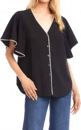 Karen Kane Felicity Flutter Sleeve Edge Stitch Top In Black And Cream