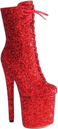 Generic Womens Fashion Glitter Platform Ankle Boots Lace Up Side Zipper Round Toe Ultra Stiletto High Heel Catwalk Dance Shoes (5.5,Red)