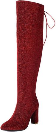 Generic Womens Glitter Stretch Over The Knee Boots Thigh High Chunky Heel Round Toe Winter Pumps Shoes with Side Zipper (5.5,Red)