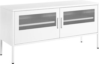 Beliani Aparador De Metal Blanco 118 X 40 Cm 2 Puertas Malla Estantes Gesti&oacute;n Cables Morley