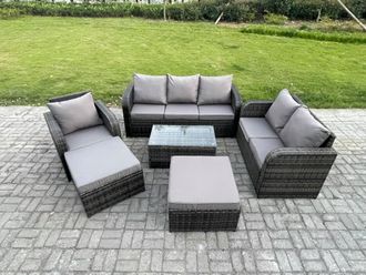 Fimous 8 Seater Garden Furniture Set Rattan Outdoor Lounge Sofa Chair With Tempered Glass Table Footstool Dark Grey Mixed