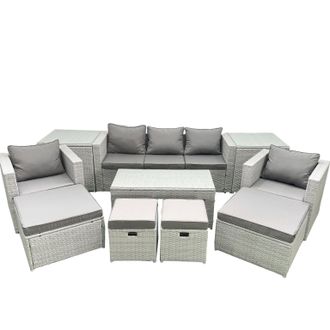 Fimous Rattan Garden Furniture Set Outdoor Lounger Sofa with Coffee Table 4 Footstools 2 Side Tables Light Grey Mixed 9 Seater