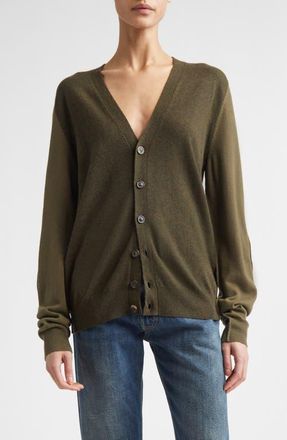 Maison Margiela Colorblock Elbow Patch Wool V-Neck Cardigan in Military Green/Dark Green at Nordstrom, Size Medium