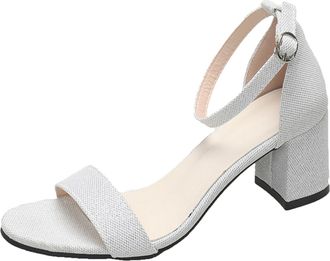 Generic European Style Women High Heeled Sandals Open Toe Square Design Hollow Out Flat Buckle Chunky Heel Dressy Casual Footwear (Silver, 4.5)