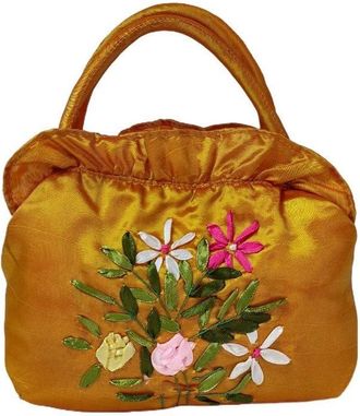 Generic Ethnic Style Tote Bag, Small Purse Wallet, Embroidery Flower Satin Silk Handbag, Zipper Flower Wrist Bag for Women Phone Cosmetic(yellow)