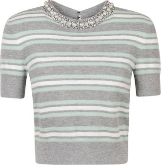 Self Portrait Fitted Grey Top With Striped Pattern And Round Neckline