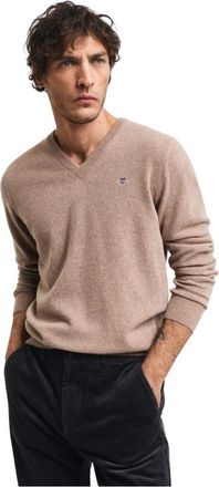 GANT Ultrafijne Lamswollen V-hals Pullover - Heren - V-hals truien - Beige - 3XL - Wol - Truien & Vesten