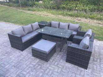 Fimous Outdoor Garden Furniture Rattan Lounge Sofa Set Patio Dining Table 2 Armchair Side Table Big Footstool 9 Seater in Dark Grey