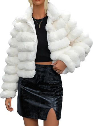 Generic Womens Faux Fur cropped Jacket Winter Stand Collar Fluffy Open Front Chunky Cardigan Coat Fleece Warm Short Outwear
