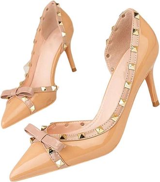 Generic Women Patent Leather High Heel Pumps Pointed Toe Rivet Detail Party Dress Shoes