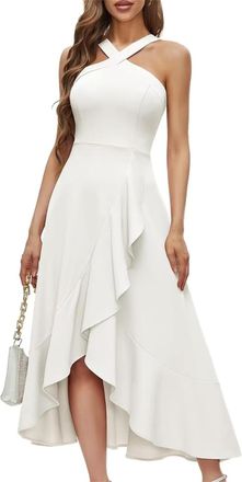 Generic Womens Backless Cocktail Dress, Halter Neck Sexy Prom Formal Wedding Bridesmaid Dress, Ruffled Long High Low Skirt (White,XL)