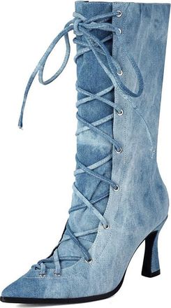 Generic Womens Pointed Toe Denim Short Boots Lace Up Mid-Calf Boots Stiletto High Heel Casual Boot,Blue,4.5 UK