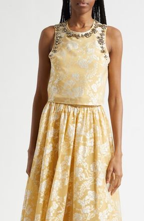 Cinq &agrave; Sept Rhinestone Floral Jacquard Sleeveless Top in Ochre Muse/white at Nordstrom, Size Xx-Small