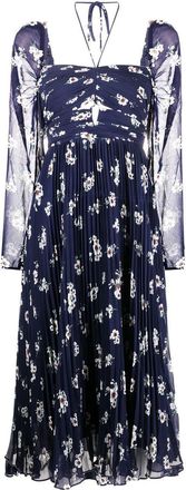 Self Portrait pansy-print pleated midi dress - women - Polyester/Polyester - 10 - Blue