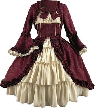 Generic Womens Victorian Rococo Dress Baroque Marie Antoinette Ladies Medieval Renaissance Dresses Bow Multi Layered Corset Dresses Long Sleeve Lolita Retro C