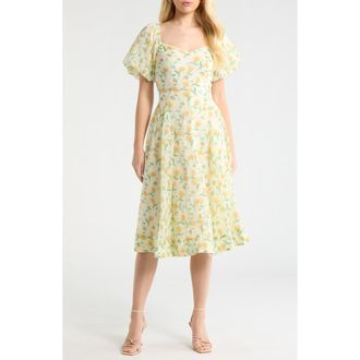 ASTR the Label Mayra Puff Sleeve Midi Dress in Yellow Multi Floral at Nordstrom, Size X-Small
