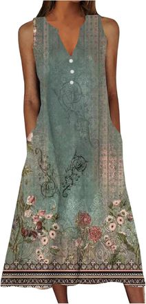 Generic Long Tank Dresses for Women UK, A-Line Dresses Midi Dress Button Dress Gradient Sundress V Neck Sundresses Sleeveless Sundresses with Side Pockets Swi