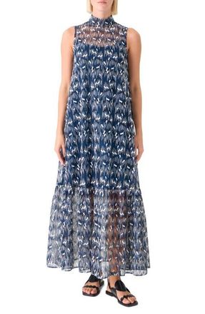 Akris Embroidered Tulle A-line Dress in Dark Blue-Cream at Nordstrom, Size 12