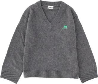Ganni Grey Logo V Neck Sweater