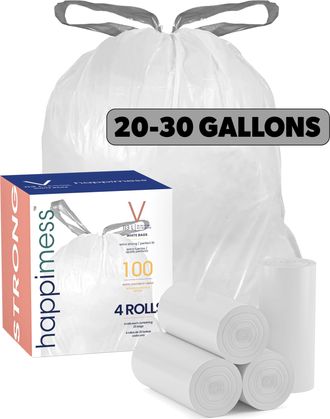Happimess 30-Gallon (114L) Drawstring Unscented Trash Can Liner, White (100-Count, 4-Rolls of 25 Liners)