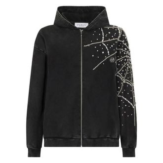 Philipp Plein Washed Zip Hoodie Spiderweb Strass - Dames - Vesten met rits - Zwart - M - Katoen - Hoodies & sweatvesten
