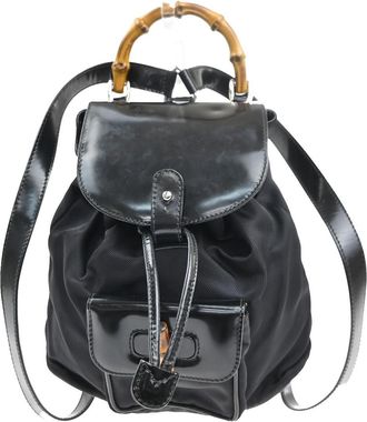 Gucci Vintage Bamboo Backpack Nylon And Patent Leather Black Nylon Backpack Bag (Pre-Owned)