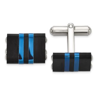 Diamond2Deal Stainless Steel Brushed and Polished Black and Blue IP-plated Cuff Links