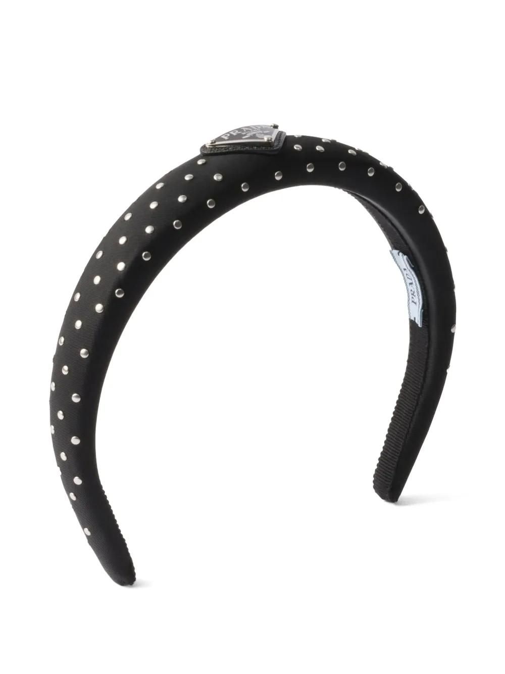 lovely♪◇トライアングル ロゴ Headband ◇PRADA PRADA Flower pattern triangle logo plate hair accessories