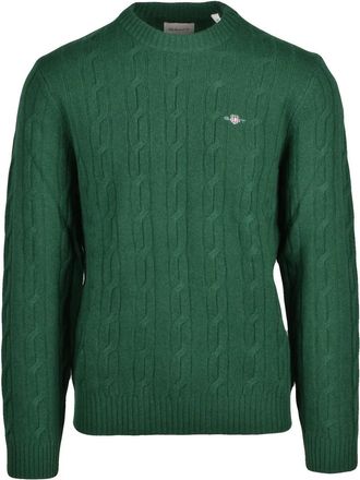 GANT Textured Cable Knit Crewneck Pullover In Forest Green Wool
