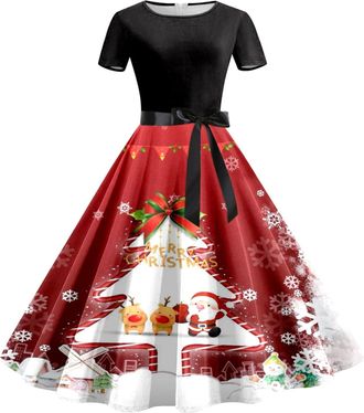Generic Christmas Dresses Women Funny Xmas Tree Plaid Snowflake Printed 50s 60s A Line Rockabilly Cocktail Dress Short Sleeve High Waist Swing Flowy Dress Xma