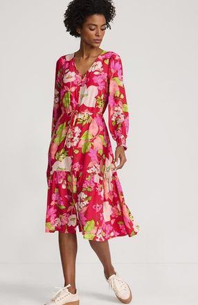 Lands End Crepe Button Front Long Sleeve Midi Dress in Berry Rouge Lilies at Nordstrom, Size Medium P