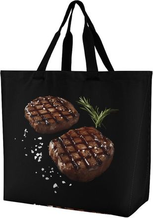 Generic Grilled Beef Steaks Reusable Shopping Bags Large Capacity Grocery Bag Heavy Duty Tote for Women 40x40x16cm