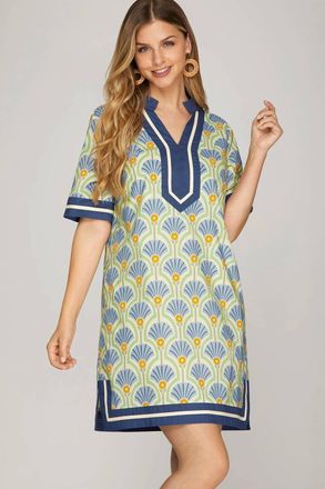 She + Sky Short Sleeve Printed Dress With Solid Trim In Multi