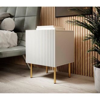 Dmora Conjunto De 2 Mesitas De Noche Farini, C&oacute;moda Baja Con Puerta Abatible Y Compartimento Interior, Acabado Efecto Ca&ntilde;a, 45x40 H51 Cm, Blanco