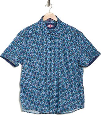 Soul of London Palm Print Stretch Cotton Short Sleeve Button-Up Shirt in Navy at Nordstrom Rack, Size Xx-Large