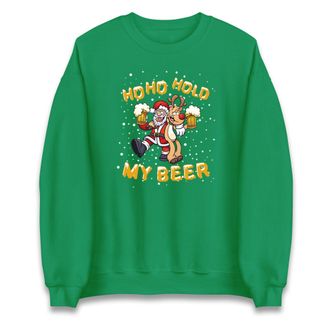 Generic Ho Ho Hold My Beer Christmas Sweatshirt,Santa Claus With Reindeer Beer Party Christmas Jumper