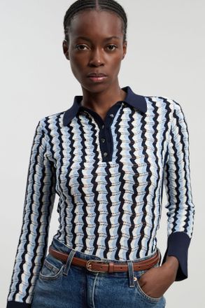 Karen Millen Womens Knit Pointelle Contrast Collared Top - Blue viscose - Size X-Small