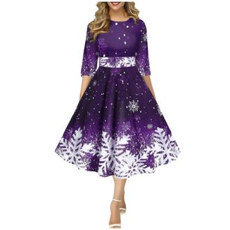 Generic Christmas Dresses for Women UK Elegant Long Sleeve Round Neck Tunic Dresses Ladies Christmas Snowflake Print Dress Winter Party Dress Festival Jumper 