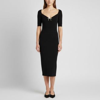 Elisabetta Franchi Black Rib Knit Sweetheart Neck Midi Dress