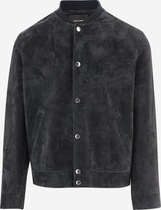 Yves Salomon Mens Navy Suede Jacket With Button Closure