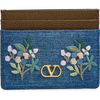 Valentino Garavani VLOGO Signature Embroidered Denim & Leather Card Case in Blue Multi at Nordstrom