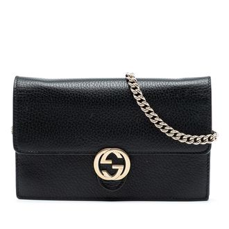 Gucci Pre-owned Womens Leather Interlocking G Dollar Wallet On Chain - Black - One Size
