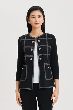 Ming Wang Heritage Grid Trim Knit Jacket in Black/ivory at Nordstrom, Size X-Small