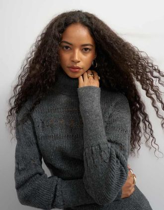 Topshop maglione lavorato a maglia con collo alto grigio-Bianco