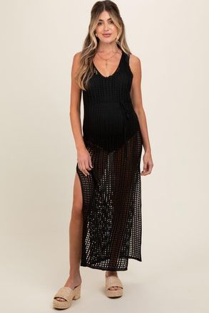 Pinkblush Crochet V-Neck Side Slit Cover Up in Black at Nordstrom