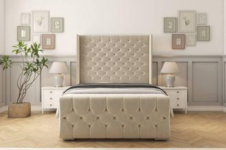 Sloomy Luthor Plush Bed Frame With 50 Upholstered Wingback Headboard in Cream | Size: Small Double