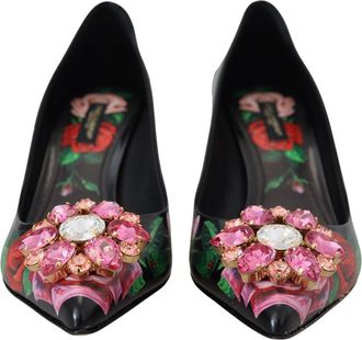 Dolce & Gabbana Womens Rose-Print Leather Heel Black