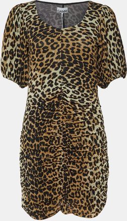 Ganni Ganni Brown Animal Printed Mesh Ruched Mini Dress