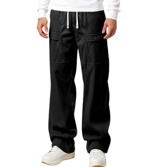 Generic Work Trousers Men Corduroy Cargo Pants Relaxed Fit Drawstring Waist Casual Trousers with Pockets Black XL