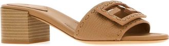 Fendi Womens Studded Leather Block-Heel Mule Beige Calf Sandal